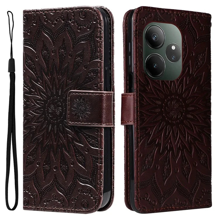 KT Imprinting Flower Series-1 For Realme GT 6 5G Case Leather Wallet Phone Cover Sunflower Mandala Floral