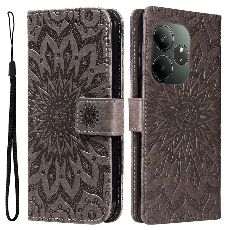 KT Imprinting Flower Series-1 For Realme GT 6 5G Case Leather Wallet Phone Cover Sunflower Mandala Floral