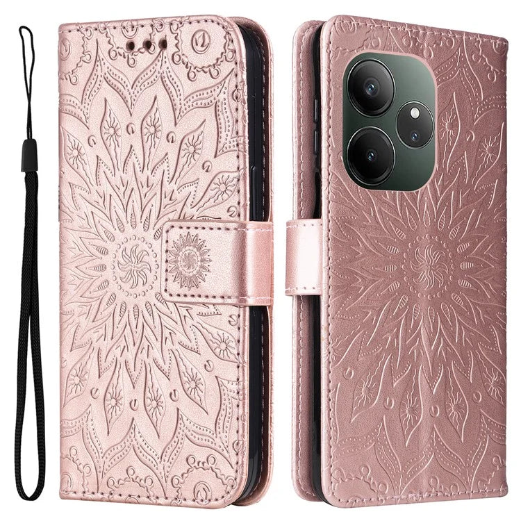 KT Imprinting Flower Series-1 For Realme GT 6 5G Case Leather Wallet Phone Cover Sunflower Mandala Floral