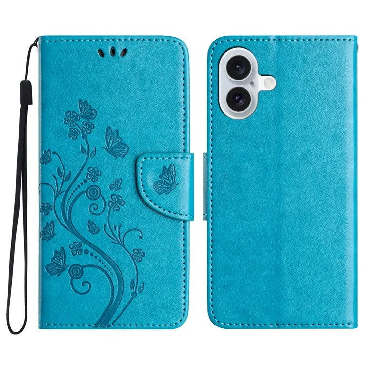 For iPhone 16 Plus Leather Case Butterflies Flower Pattern Wallet Stand Phone Cover