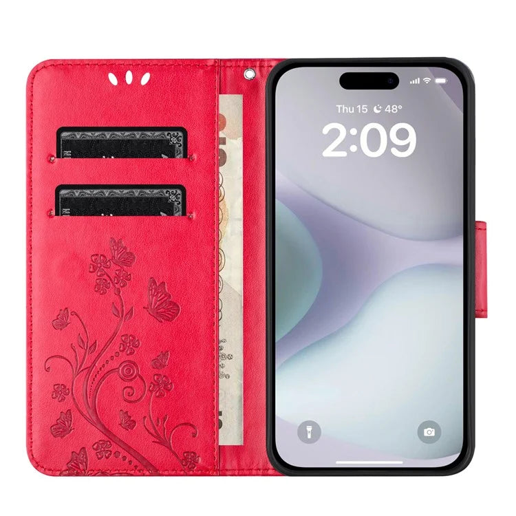 For iPhone 16 Plus Leather Case Butterflies Flower Pattern Wallet Stand Phone Cover