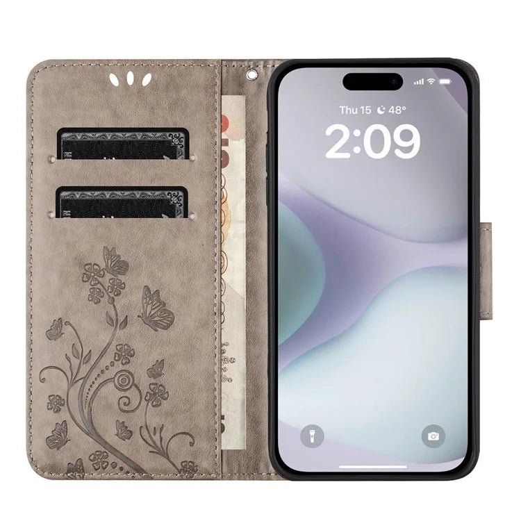 For iPhone 16 Plus Leather Case Butterflies Flower Pattern Wallet Stand Phone Cover