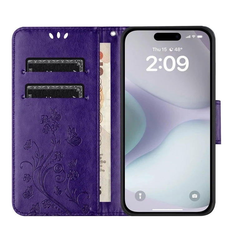 For iPhone 16 Plus Leather Case Butterflies Flower Pattern Wallet Stand Phone Cover