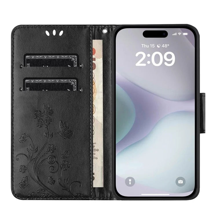For iPhone 16 Plus Leather Case Butterflies Flower Pattern Wallet Stand Phone Cover