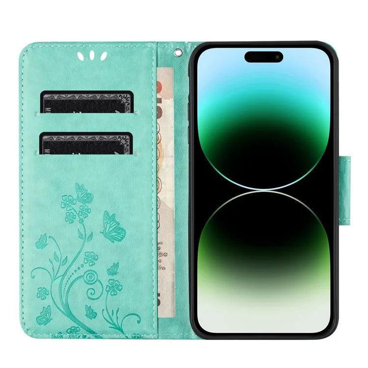 For iPhone 16 Pro Leather Case Butterflies Flower Pattern Wallet Stand Phone Cover