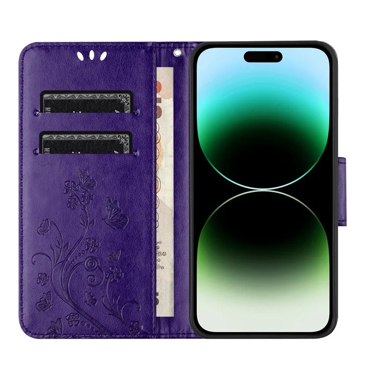 For iPhone 16 Pro Leather Case Butterflies Flower Pattern Wallet Stand Phone Cover