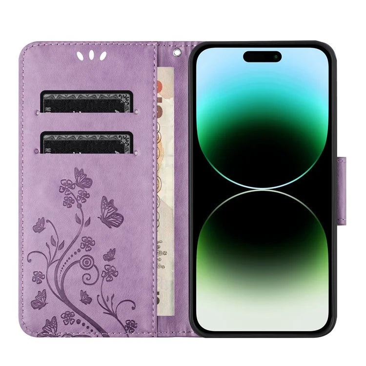 For iPhone 16 Pro Leather Case Butterflies Flower Pattern Wallet Stand Phone Cover