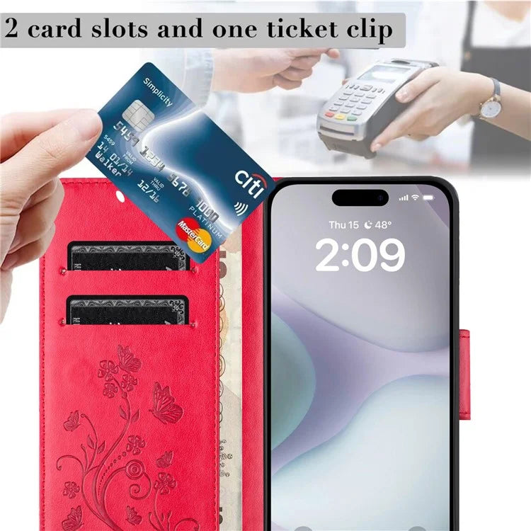 For iPhone 16 Leather Case Butterflies Flower Pattern Wallet Stand Phone Cover