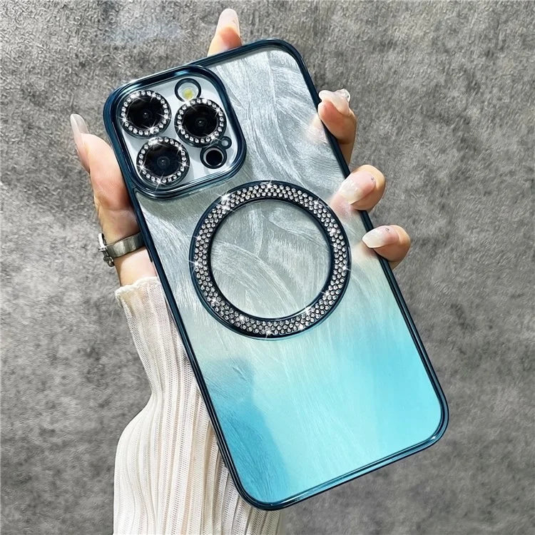 For iPhone 15 Pro Magnetic Case Feather Texture Bling Sparkly TPU + PC Phone Cover