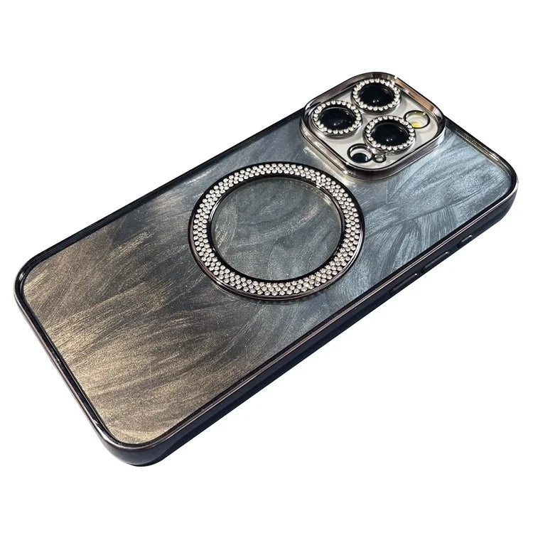 For iPhone 15 Pro Magnetic Case Feather Texture Bling Sparkly TPU + PC Phone Cover