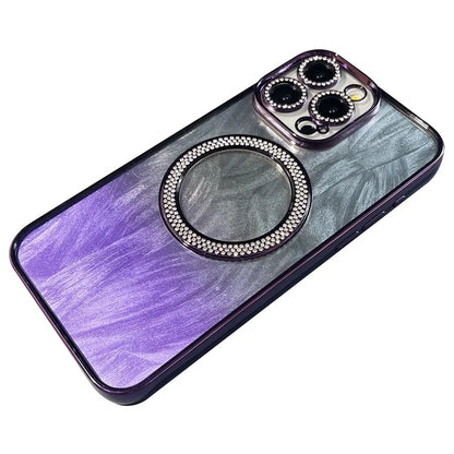 For iPhone 15 Pro Magnetic Case Feather Texture Bling Sparkly TPU + PC Phone Cover