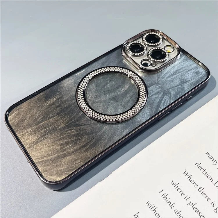 For iPhone 14 Pro Max Magnetic Case Feather Texture Bling Sparkly TPU + PC Phone Cover
