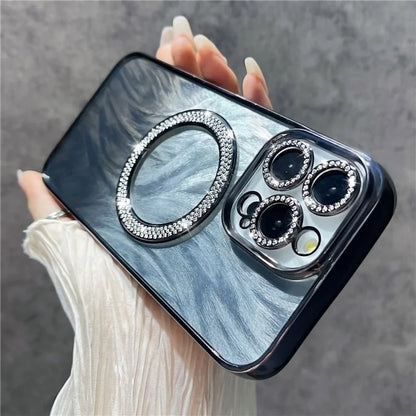 For iPhone 14 Pro Max Magnetic Case Feather Texture Bling Sparkly TPU + PC Phone Cover