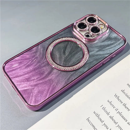 For iPhone 14 Pro Max Magnetic Case Feather Texture Bling Sparkly TPU + PC Phone Cover