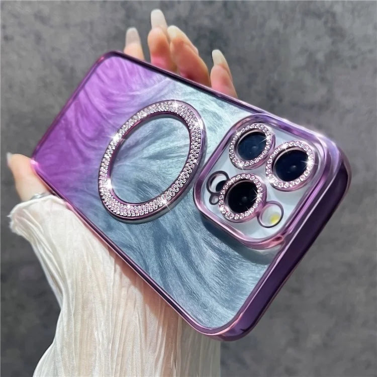 For iPhone 14 Pro Max Magnetic Case Feather Texture Bling Sparkly TPU + PC Phone Cover