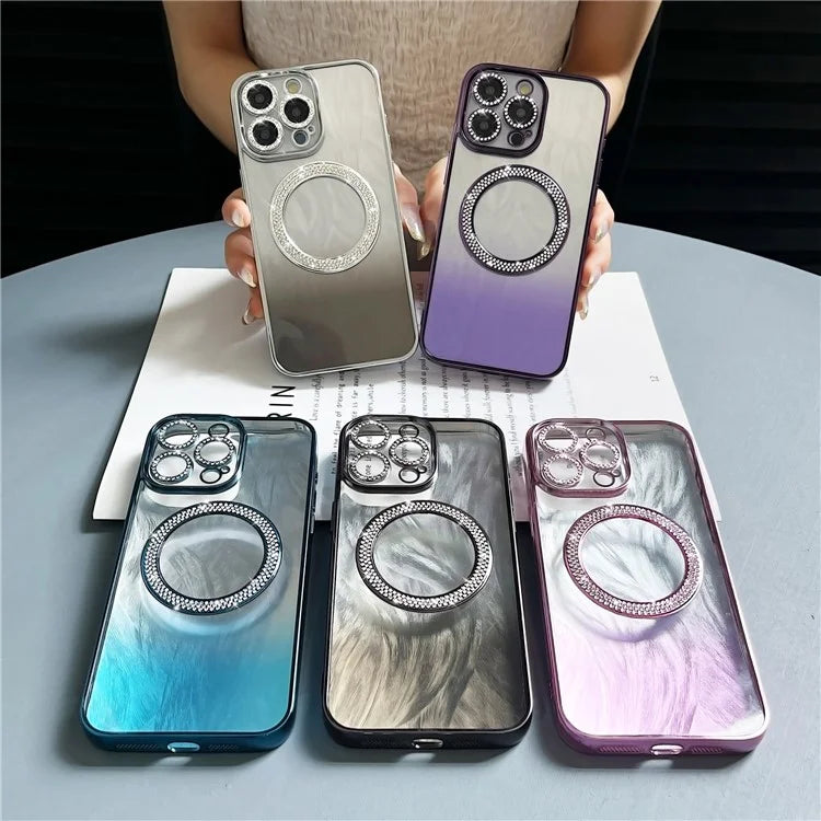For iPhone 14 Pro Max Magnetic Case Feather Texture Bling Sparkly TPU + PC Phone Cover