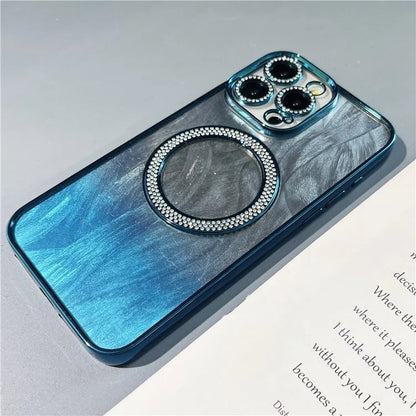 For iPhone 14 Pro Max Magnetic Case Feather Texture Bling Sparkly TPU + PC Phone Cover