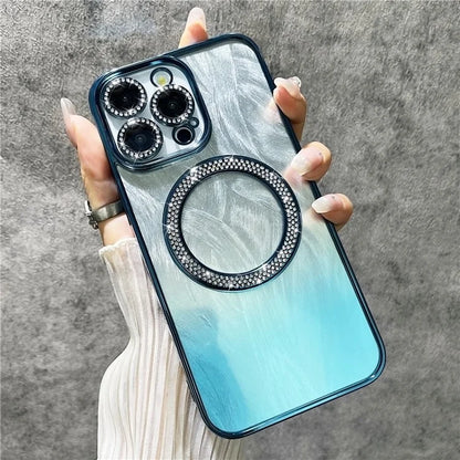 For iPhone 14 Pro Max Magnetic Case Feather Texture Bling Sparkly TPU + PC Phone Cover