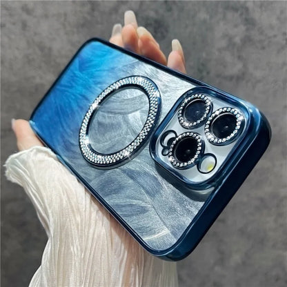 For iPhone 14 Pro Max Magnetic Case Feather Texture Bling Sparkly TPU + PC Phone Cover