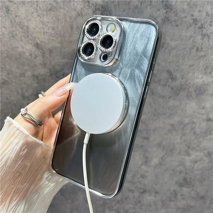 For iPhone 14 Pro Max Magnetic Case Feather Texture Bling Sparkly TPU + PC Phone Cover