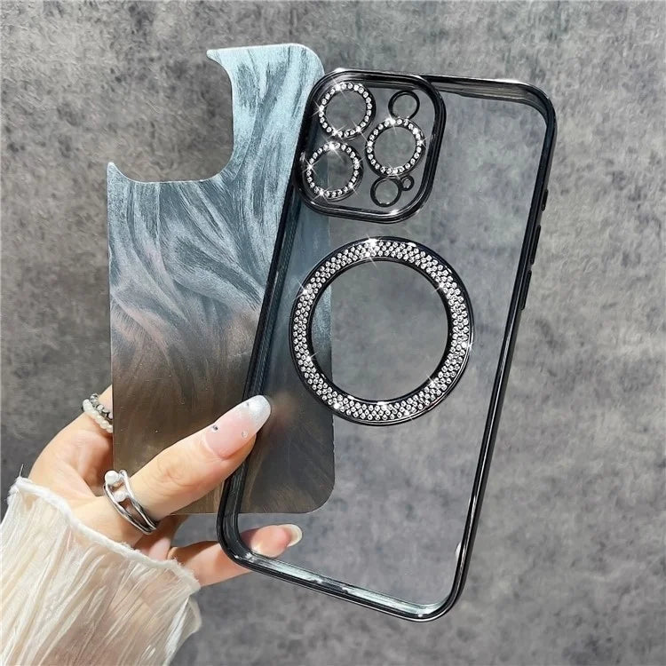 For iPhone 14 Pro Max Magnetic Case Feather Texture Bling Sparkly TPU + PC Phone Cover