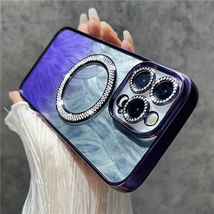 For iPhone 14 Pro Max Magnetic Case Feather Texture Bling Sparkly TPU + PC Phone Cover