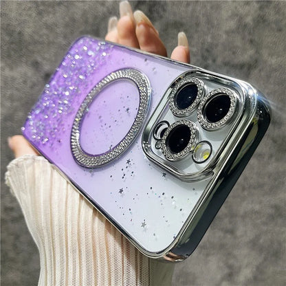 For iPhone 15 Pro Magnetic Case Clear Glitter TPU + PC Gradient Phone Cover