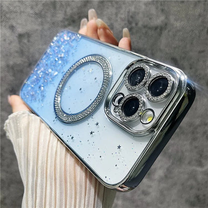 For iPhone 15 Pro Magnetic Case Clear Glitter TPU + PC Gradient Phone Cover