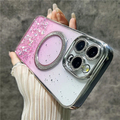 For iPhone 15 Pro Magnetic Case Clear Glitter TPU + PC Gradient Phone Cover