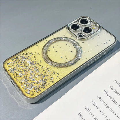 For iPhone 15 Pro Magnetic Case Clear Glitter TPU + PC Gradient Phone Cover
