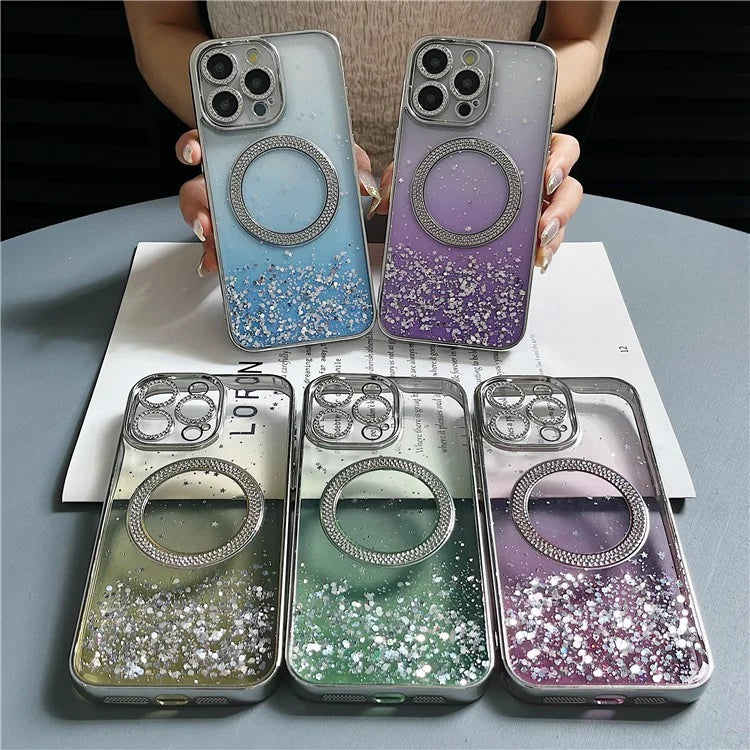 For iPhone 15 Pro Magnetic Case Clear Glitter TPU + PC Gradient Phone Cover