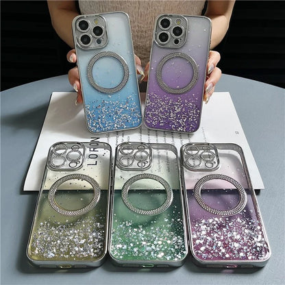 For iPhone 15 Pro Magnetic Case Clear Glitter TPU + PC Gradient Phone Cover