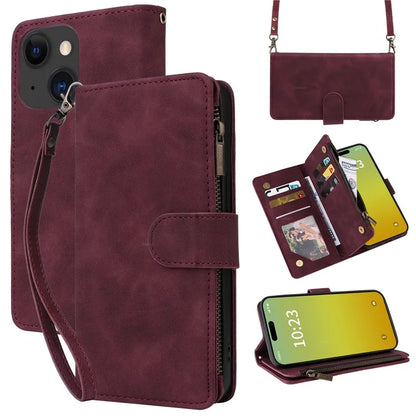 For iPhone 15 Plus Case Zipper Wallet Leather Phone Cover with Hand Strap / Shoulder Strap