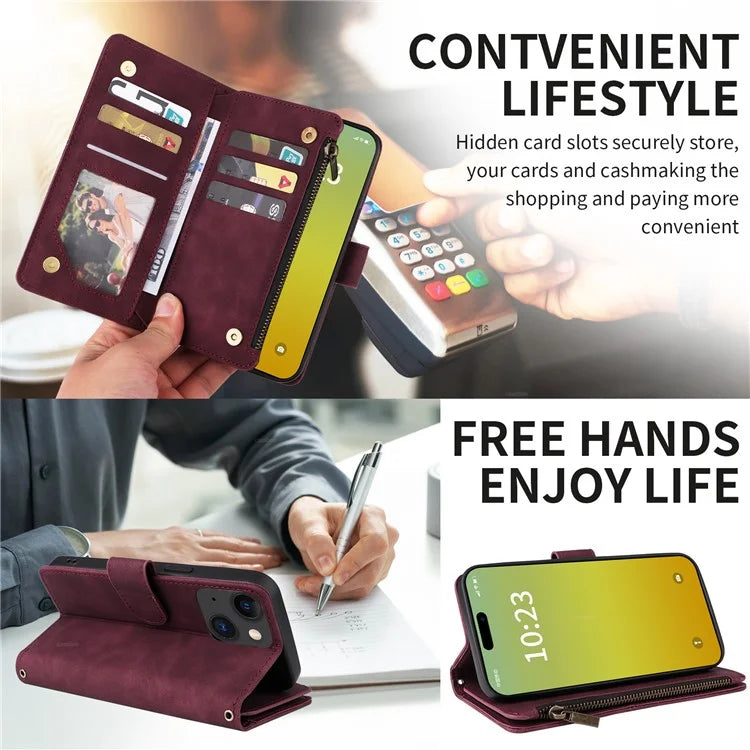 For iPhone 15 Plus Case Zipper Wallet Leather Phone Cover with Hand Strap / Shoulder Strap