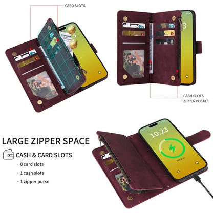 For iPhone 15 Plus Case Zipper Wallet Leather Phone Cover with Hand Strap / Shoulder Strap