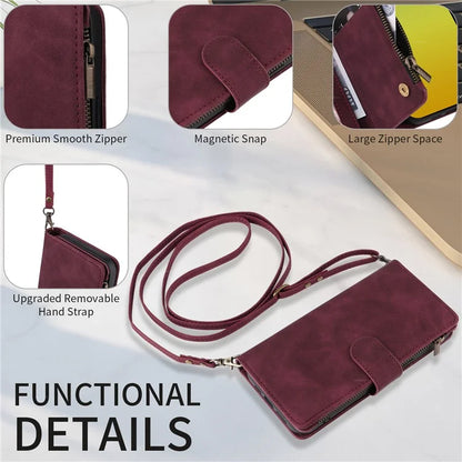 For iPhone 15 Plus Case Zipper Wallet Leather Phone Cover with Hand Strap / Shoulder Strap