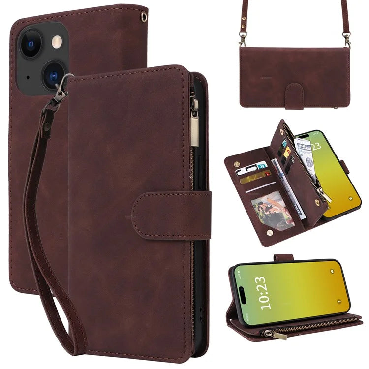 For iPhone 15 Plus Case Zipper Wallet Leather Phone Cover with Hand Strap / Shoulder Strap