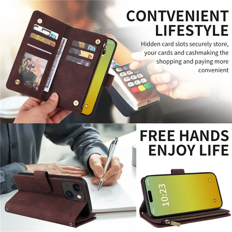 For iPhone 15 Plus Case Zipper Wallet Leather Phone Cover with Hand Strap / Shoulder Strap