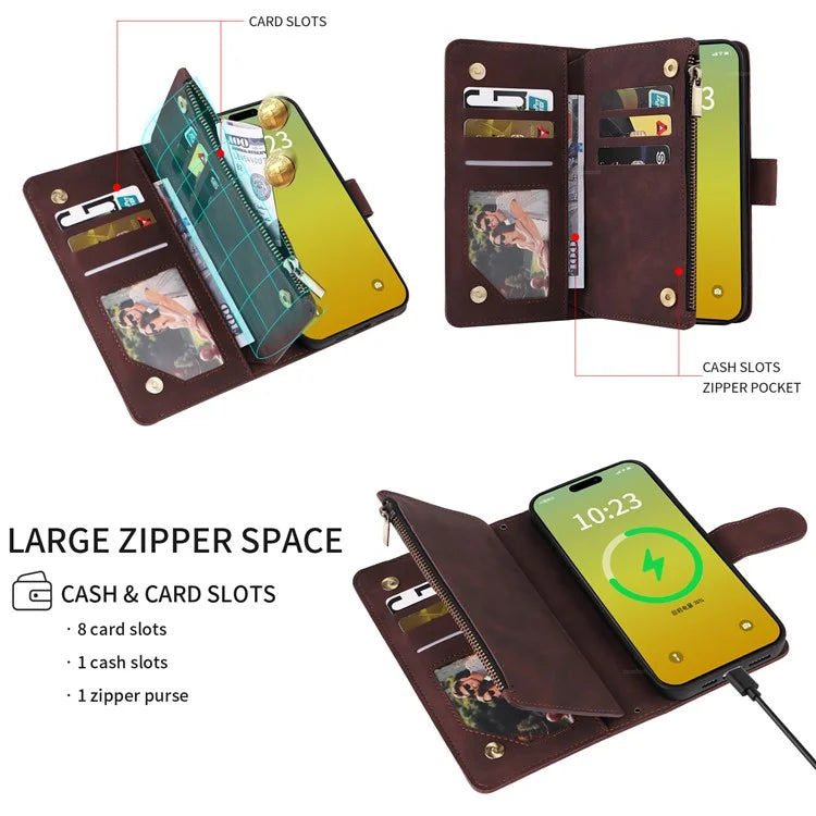 For iPhone 15 Plus Case Zipper Wallet Leather Phone Cover with Hand Strap / Shoulder Strap