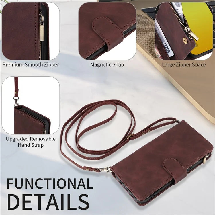 For iPhone 15 Plus Case Zipper Wallet Leather Phone Cover with Hand Strap / Shoulder Strap