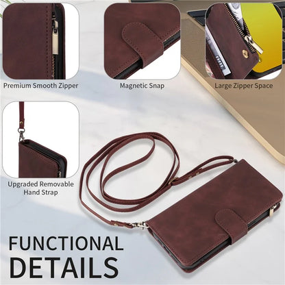 For iPhone 15 Plus Case Zipper Wallet Leather Phone Cover with Hand Strap / Shoulder Strap