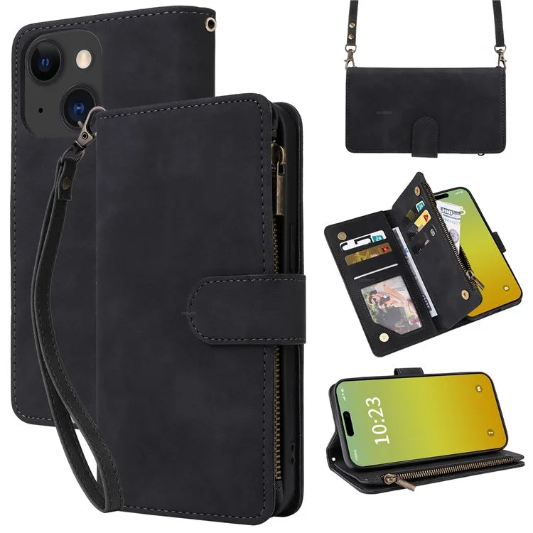For iPhone 15 Plus Case Zipper Wallet Leather Phone Cover with Hand Strap / Shoulder Strap