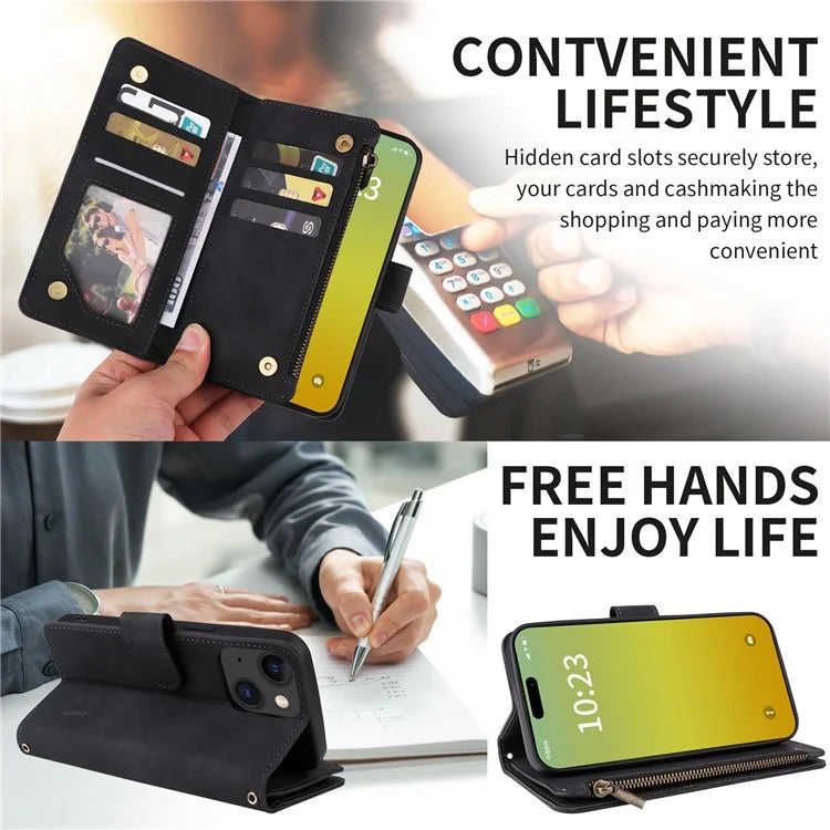 For iPhone 15 Plus Case Zipper Wallet Leather Phone Cover with Hand Strap / Shoulder Strap