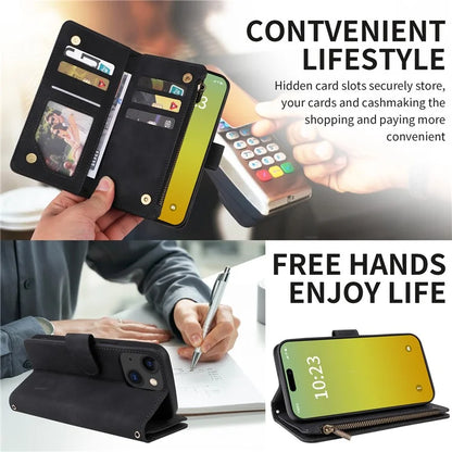 For iPhone 15 Plus Case Zipper Wallet Leather Phone Cover with Hand Strap / Shoulder Strap