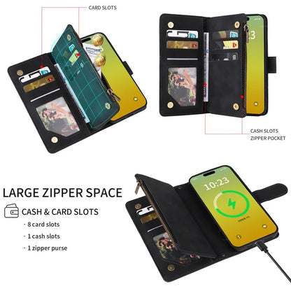 For iPhone 15 Plus Case Zipper Wallet Leather Phone Cover with Hand Strap / Shoulder Strap