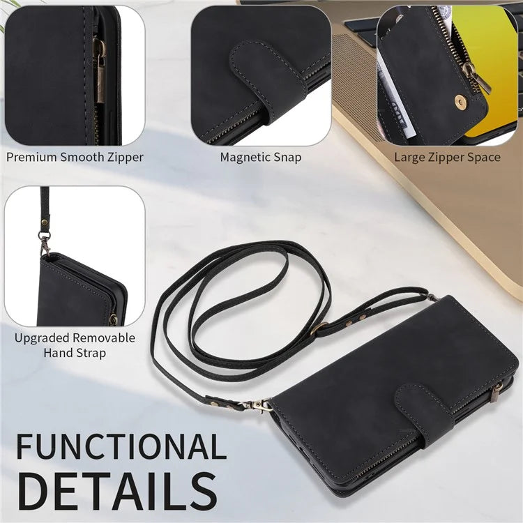 For iPhone 15 Plus Case Zipper Wallet Leather Phone Cover with Hand Strap / Shoulder Strap