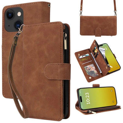 For iPhone 15 Plus Case Zipper Wallet Leather Phone Cover with Hand Strap / Shoulder Strap