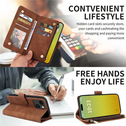 For iPhone 15 Plus Case Zipper Wallet Leather Phone Cover with Hand Strap / Shoulder Strap