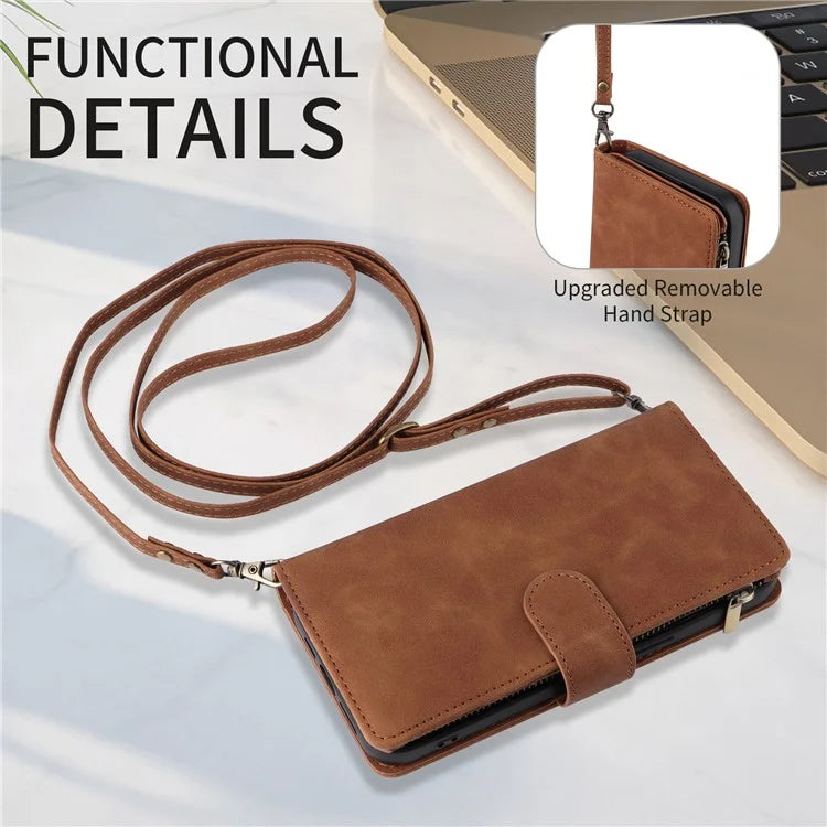 For iPhone 15 Plus Case Zipper Wallet Leather Phone Cover with Hand Strap / Shoulder Strap