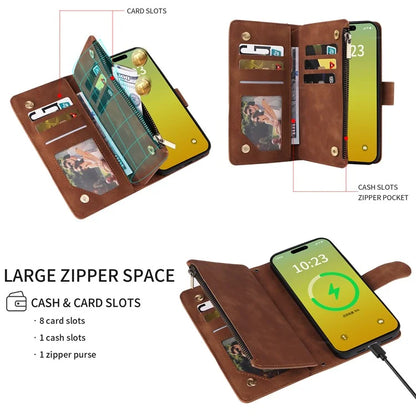 For iPhone 15 Plus Case Zipper Wallet Leather Phone Cover with Hand Strap / Shoulder Strap